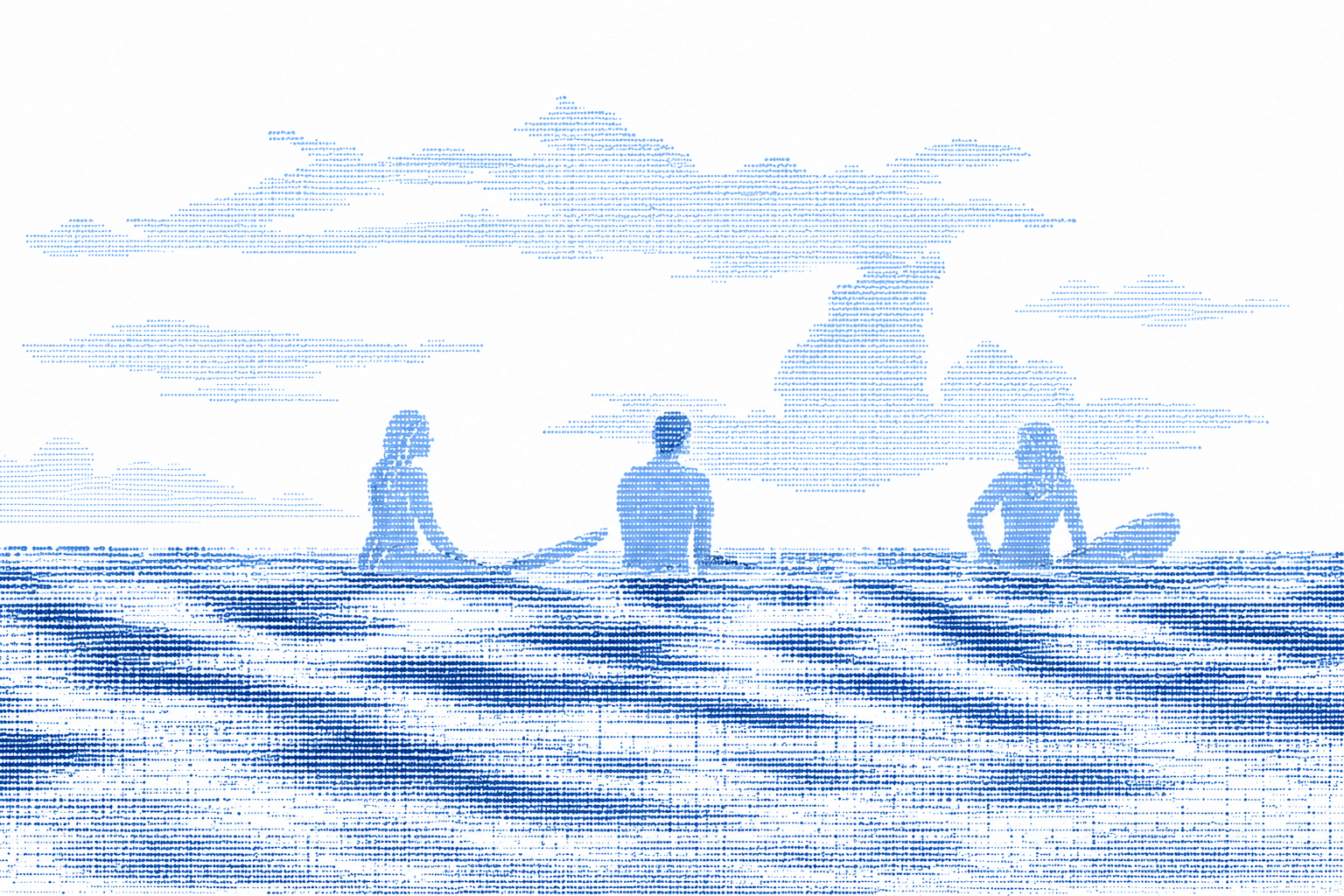 Surfers sitting on the beach at dusk, rendered in a blue dot-matrix style